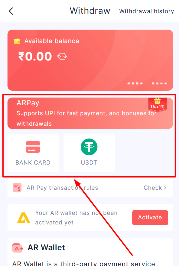ARPay, Bank Account, and USDT options